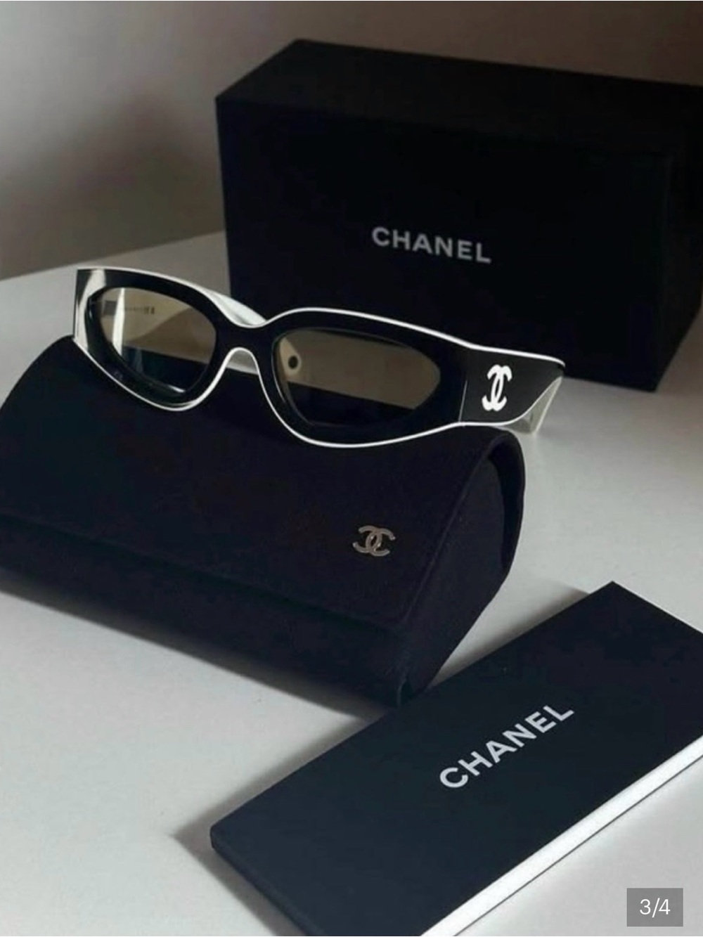 CHANEL Black and White Cat-Eye Logo Sunglasses